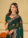 Emerald Green Designer Fendy Satin Saree with Heavy Embroidered Border | Premium Festive Party Wear Saree with Floral Embroidery & Matching Blouse