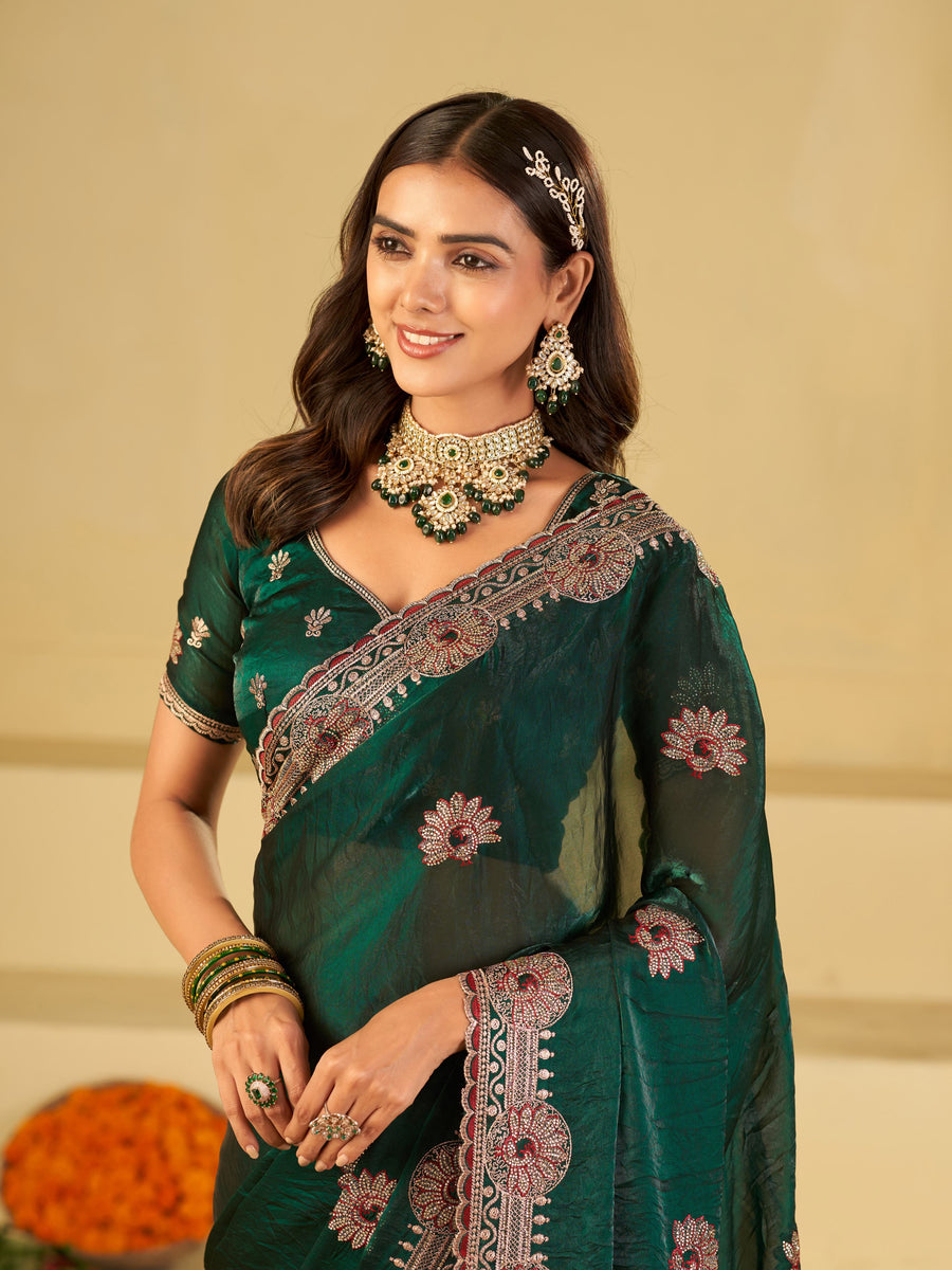 Emerald Green Designer Fendy Satin Saree with Heavy Embroidered Border | Premium Festive Party Wear Saree with Floral Embroidery & Matching Blouse