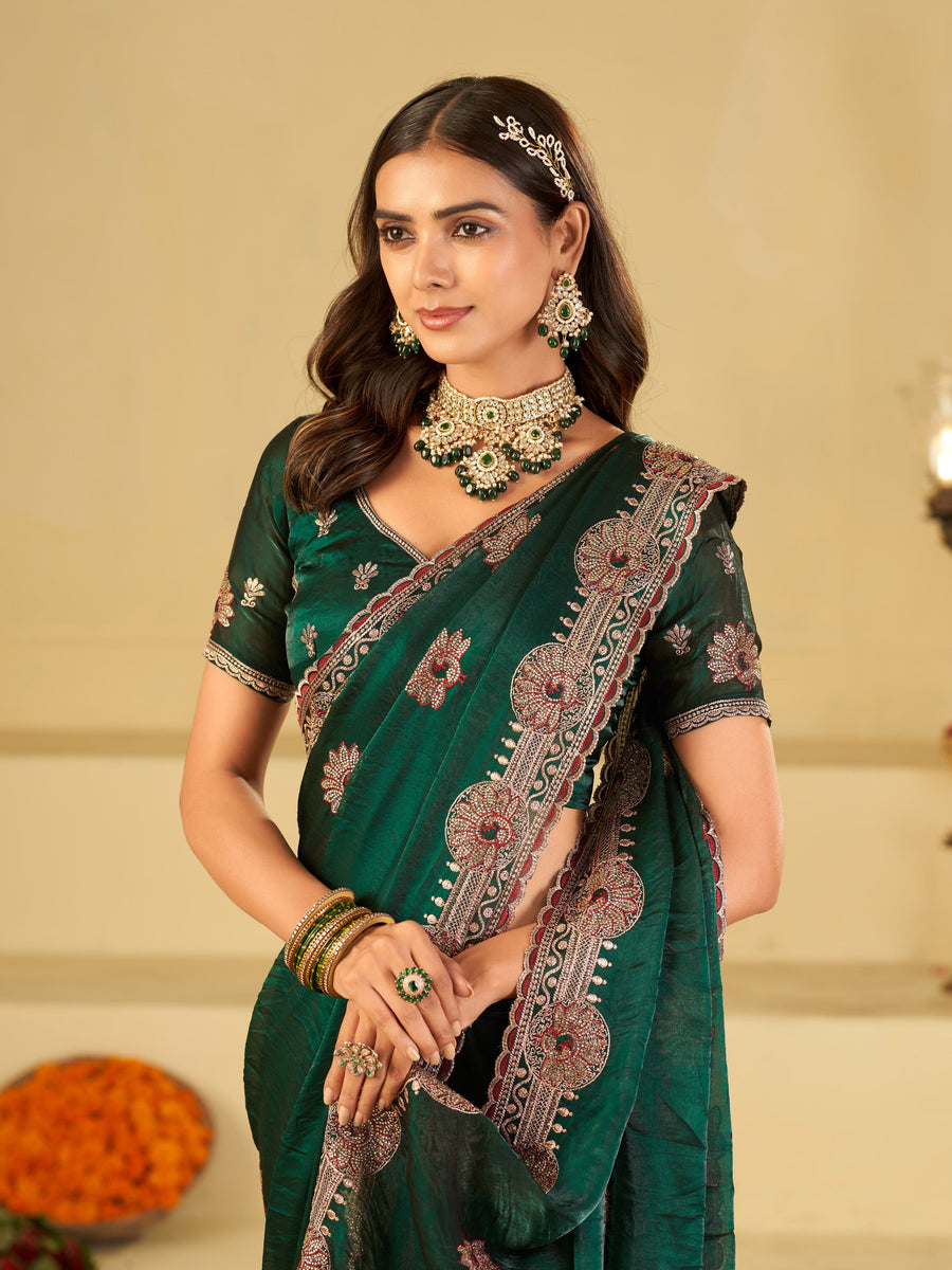 Emerald Green Designer Fendy Satin Saree with Heavy Embroidered Border | Premium Festive Party Wear Saree with Floral Embroidery & Matching Blouse