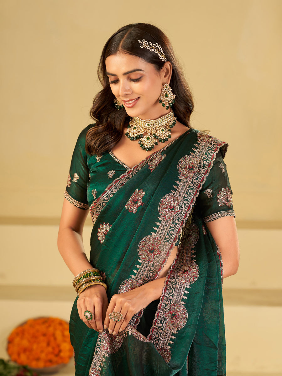 Emerald Green Designer Fendy Satin Saree with Heavy Embroidered Border | Premium Festive Party Wear Saree with Floral Embroidery & Matching Blouse