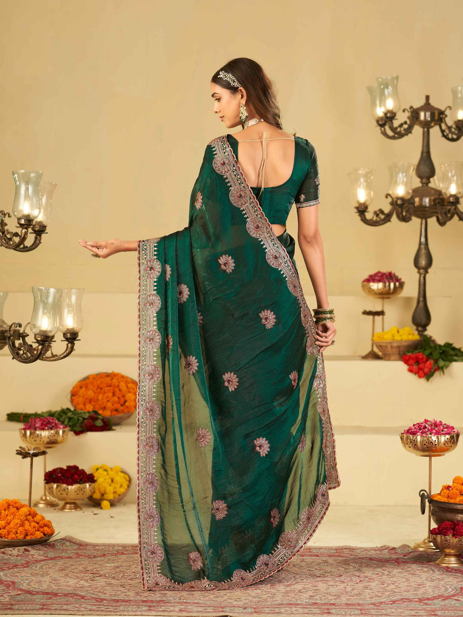 Emerald Green Designer Fendy Satin Saree with Heavy Embroidered Border | Premium Festive Party Wear Saree with Floral Embroidery & Matching Blouse