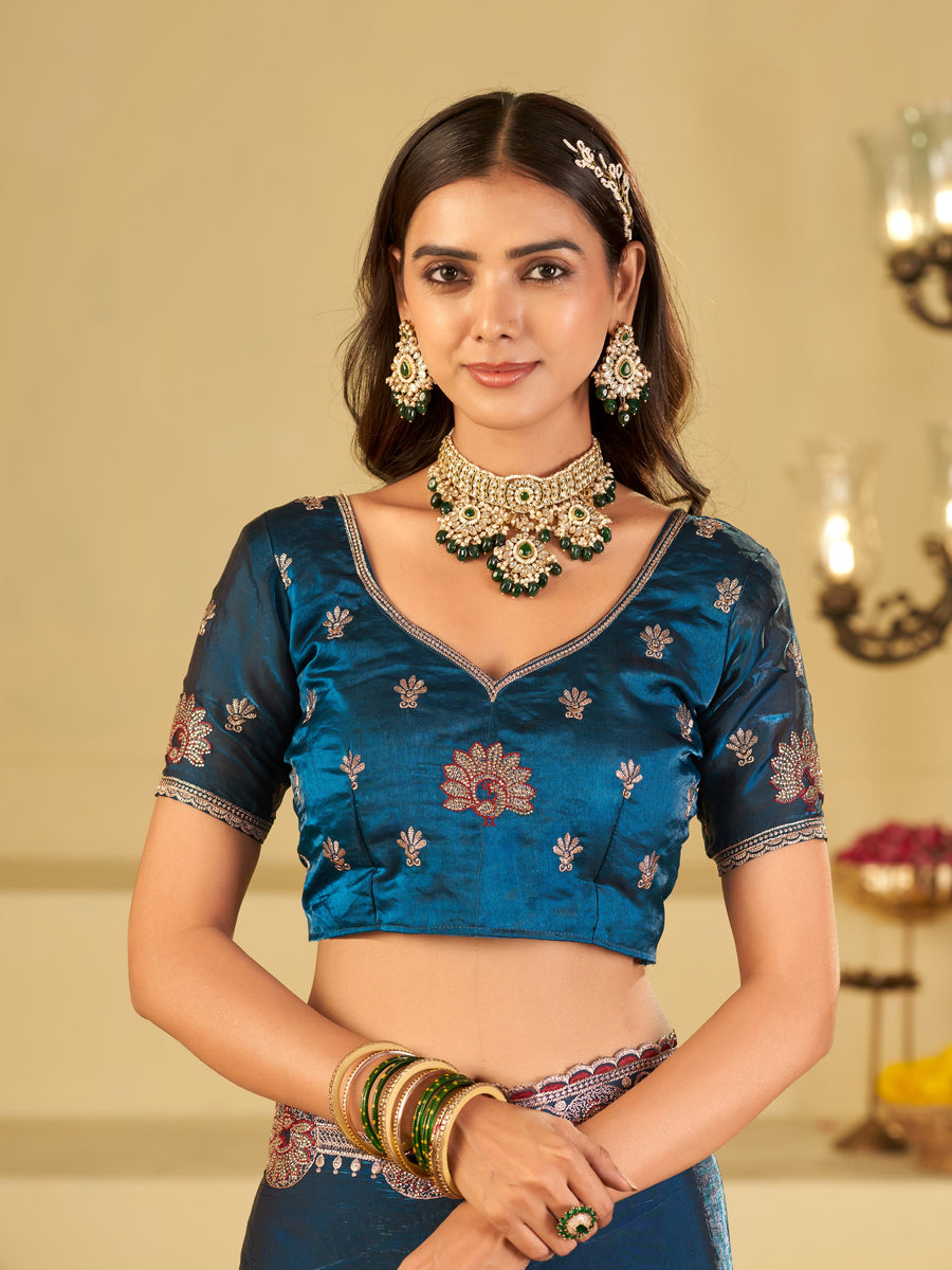 Royal Blue Designer Fendy Satin Saree with Heavy Embroidered Border | Premium Festive Party Wear Saree with Floral Embroidery & Matching Blouse