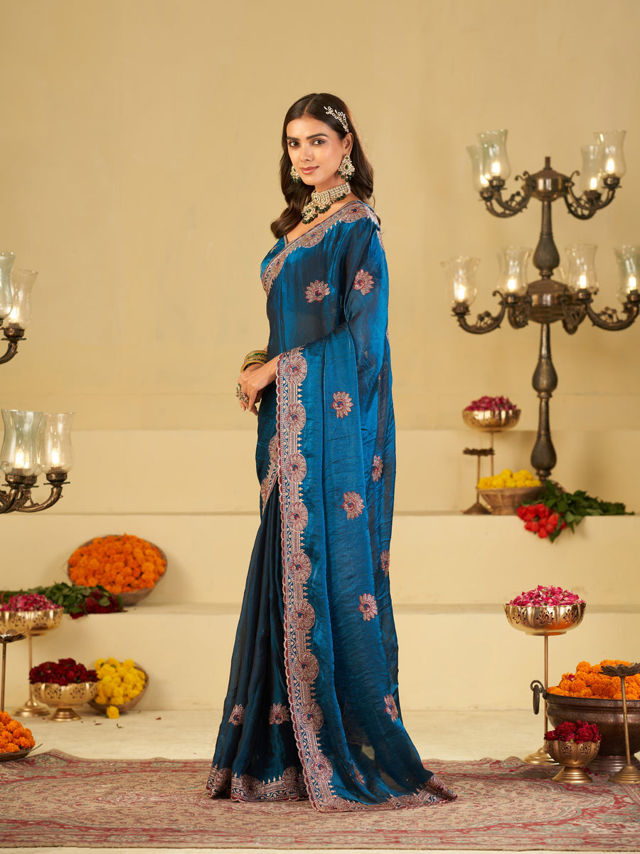 Royal Blue Designer Fendy Satin Saree with Heavy Embroidered Border | Premium Festive Party Wear Saree with Floral Embroidery & Matching Blouse