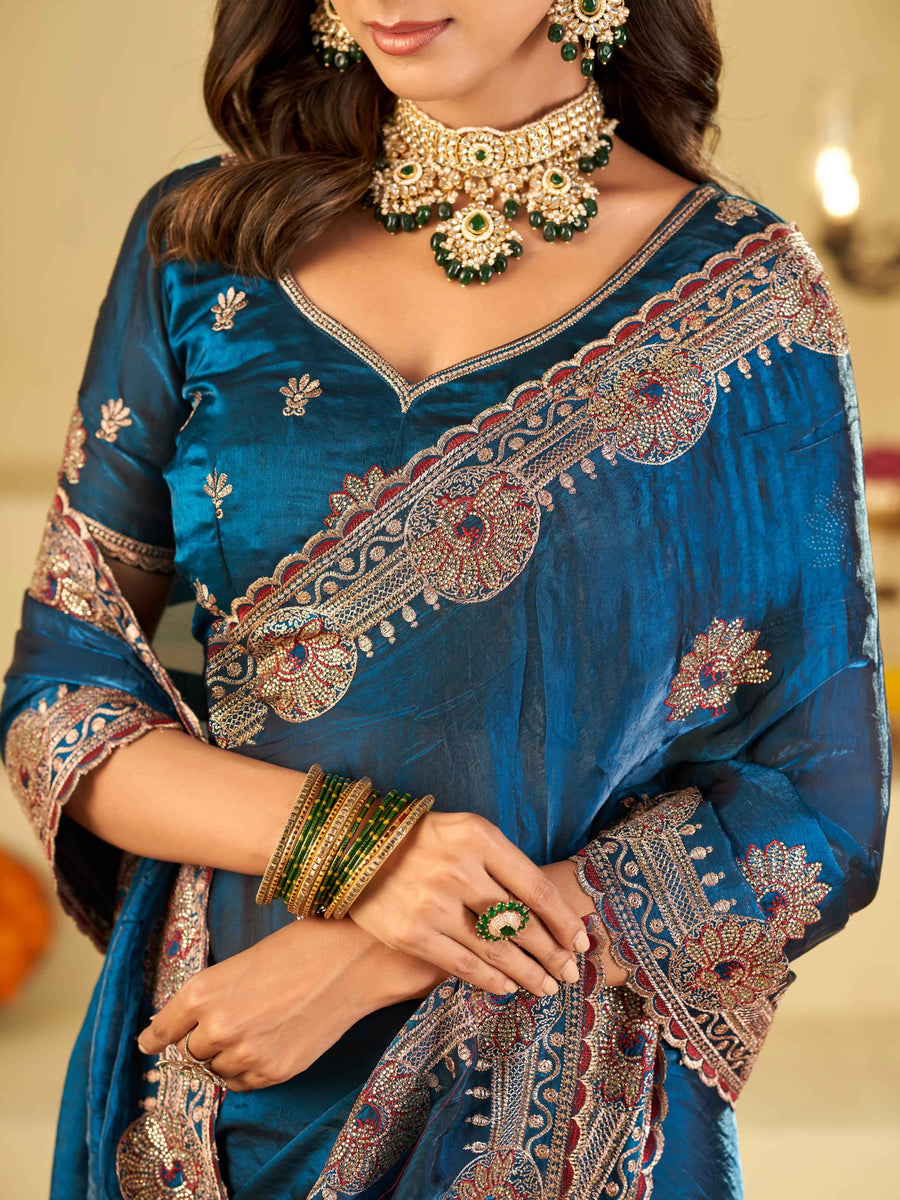 Royal Blue Designer Fendy Satin Saree with Heavy Embroidered Border | Premium Festive Party Wear Saree with Floral Embroidery & Matching Blouse