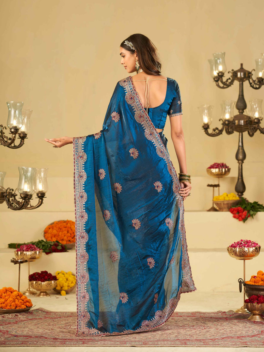Royal Blue Designer Fendy Satin Saree with Heavy Embroidered Border | Premium Festive Party Wear Saree with Floral Embroidery & Matching Blouse