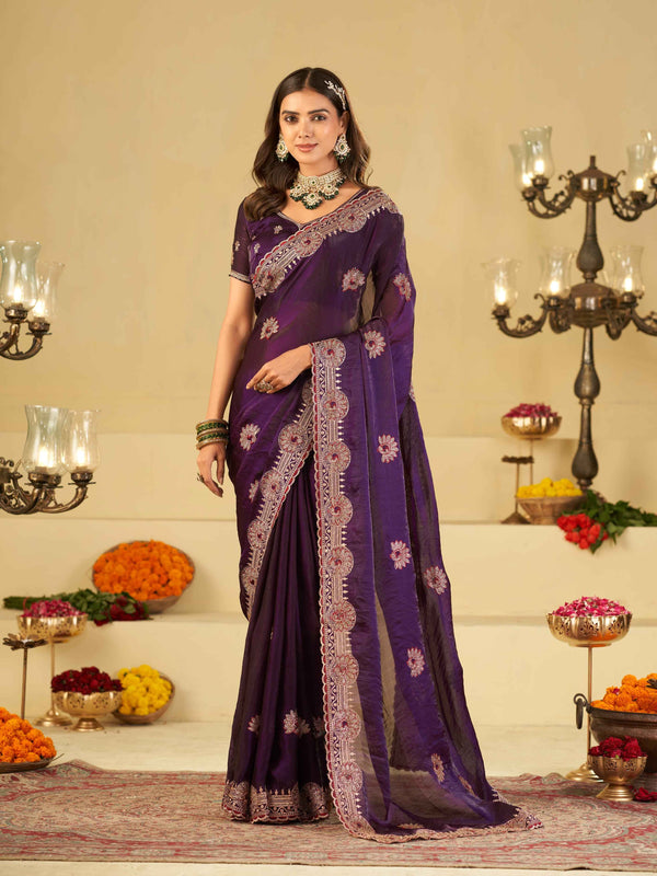 Royal Purple Designer Fendy Satin Saree with Heavy Embroidered Border | Premium Festive Party Wear Saree with Floral Embroidery & Matching Blouse