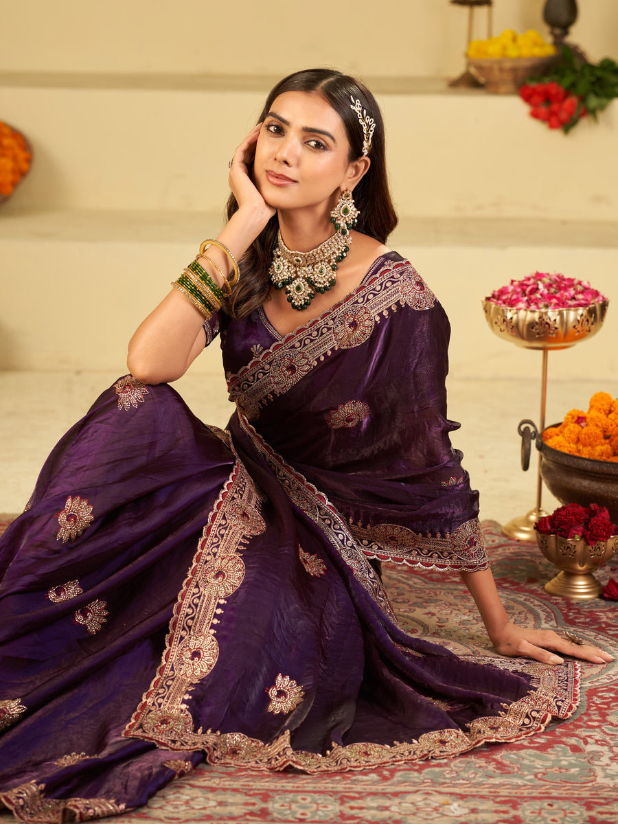 Royal Purple Designer Fendy Satin Saree with Heavy Embroidered Border | Premium Festive Party Wear Saree with Floral Embroidery & Matching Blouse