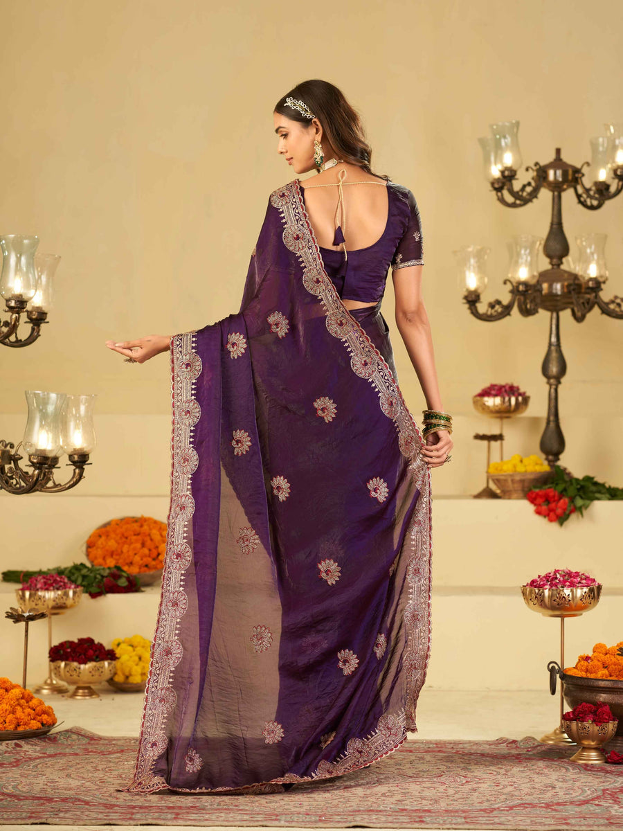 Royal Purple Designer Fendy Satin Saree with Heavy Embroidered Border | Premium Festive Party Wear Saree with Floral Embroidery & Matching Blouse