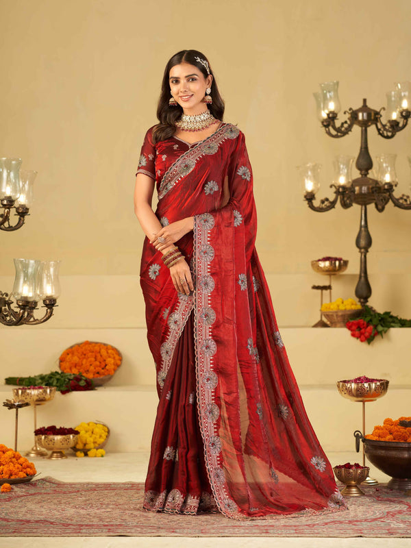 Ruby Red Designer Fendy Satin Saree with Heavy Embroidered Border | Premium Festive Party Wear Saree with Floral Embroidery & Matching Blouse