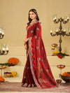Ruby Red Designer Fendy Satin Saree with Heavy Embroidered Border | Premium Festive Party Wear Saree with Floral Embroidery & Matching Blouse
