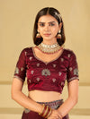 Wine Maroon Designer Fendy Satin Saree with Heavy Embroidered Border | Party Wear Festive Saree with Floral Embroidery & Matching Blouse