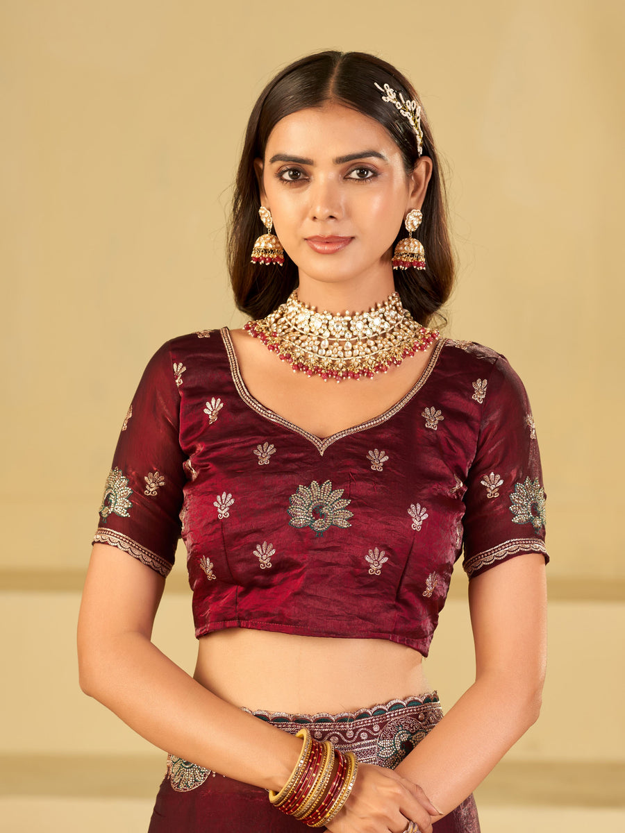 Wine Maroon Designer Fendy Satin Saree with Heavy Embroidered Border | Party Wear Festive Saree with Floral Embroidery & Matching Blouse