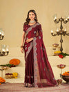 Wine Maroon Designer Fendy Satin Saree with Heavy Embroidered Border | Party Wear Festive Saree with Floral Embroidery & Matching Blouse