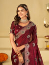 Wine Maroon Designer Fendy Satin Saree with Heavy Embroidered Border | Party Wear Festive Saree with Floral Embroidery & Matching Blouse