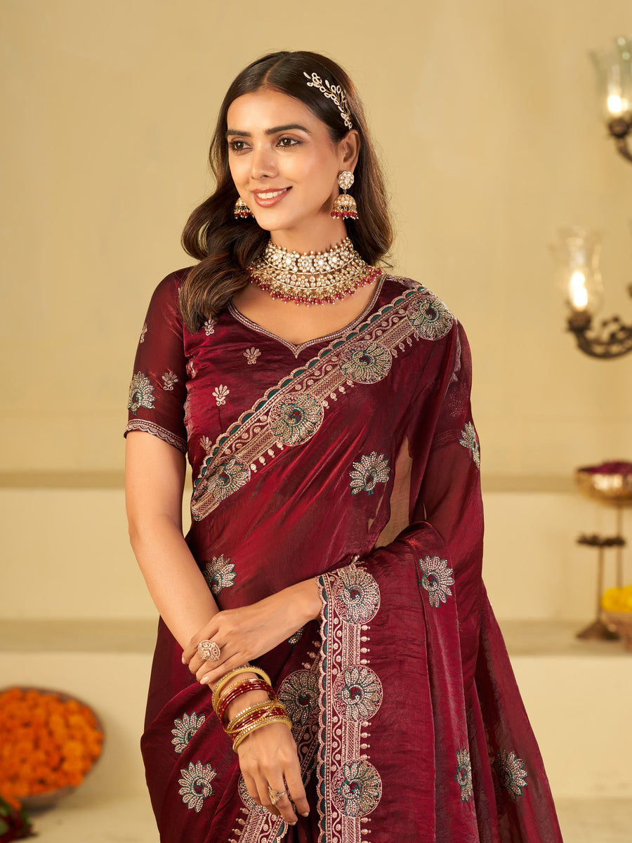 Wine Maroon Designer Fendy Satin Saree with Heavy Embroidered Border | Party Wear Festive Saree with Floral Embroidery & Matching Blouse
