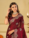 Wine Maroon Designer Fendy Satin Saree with Heavy Embroidered Border | Party Wear Festive Saree with Floral Embroidery & Matching Blouse