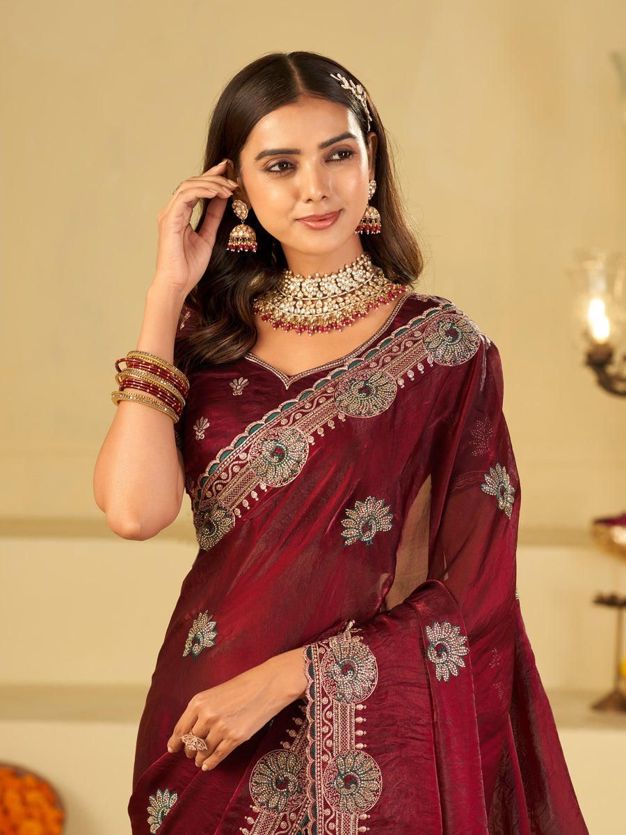 Wine Maroon Designer Fendy Satin Saree with Heavy Embroidered Border | Party Wear Festive Saree with Floral Embroidery & Matching Blouse