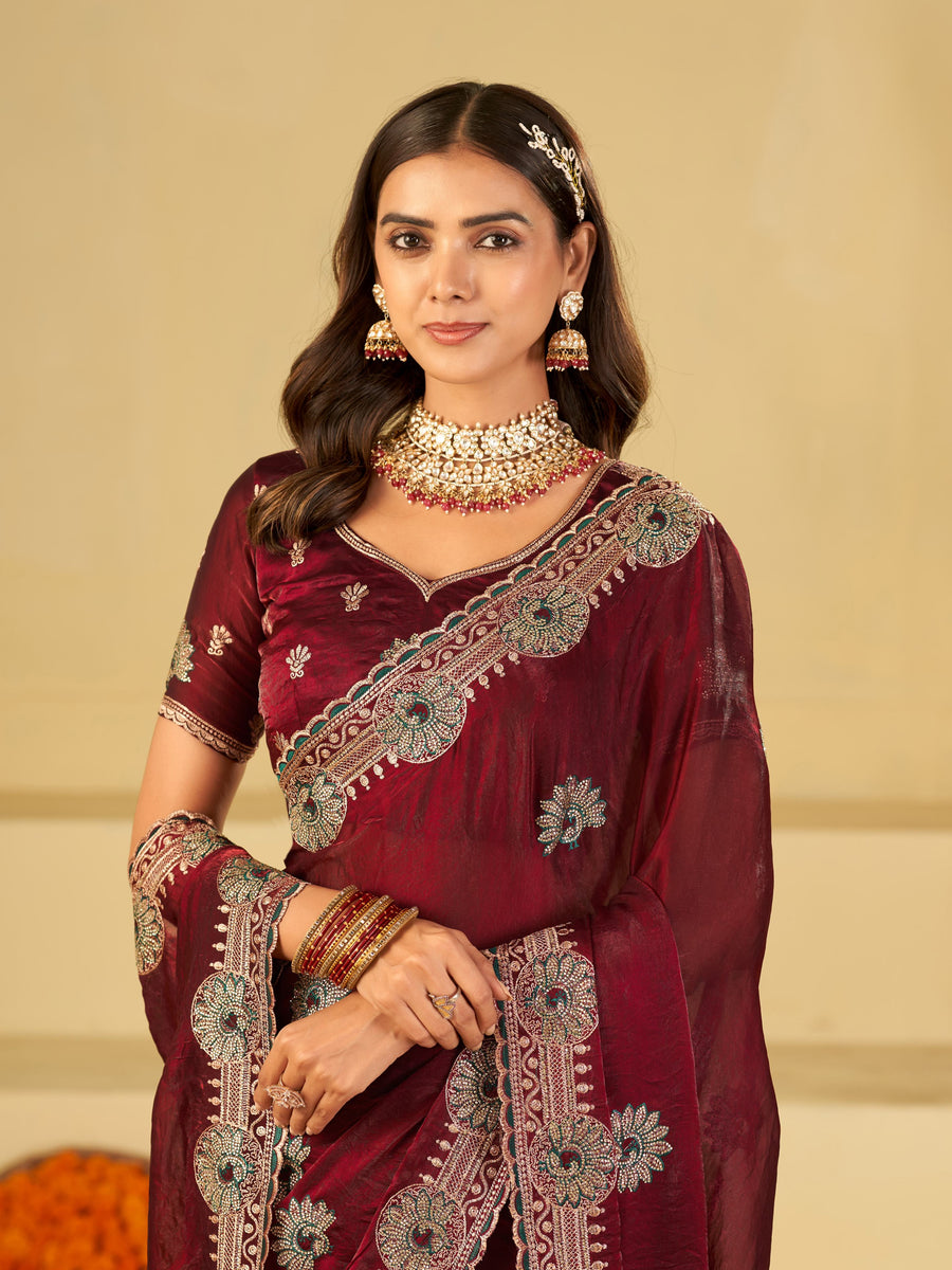 Wine Maroon Designer Fendy Satin Saree with Heavy Embroidered Border | Party Wear Festive Saree with Floral Embroidery & Matching Blouse