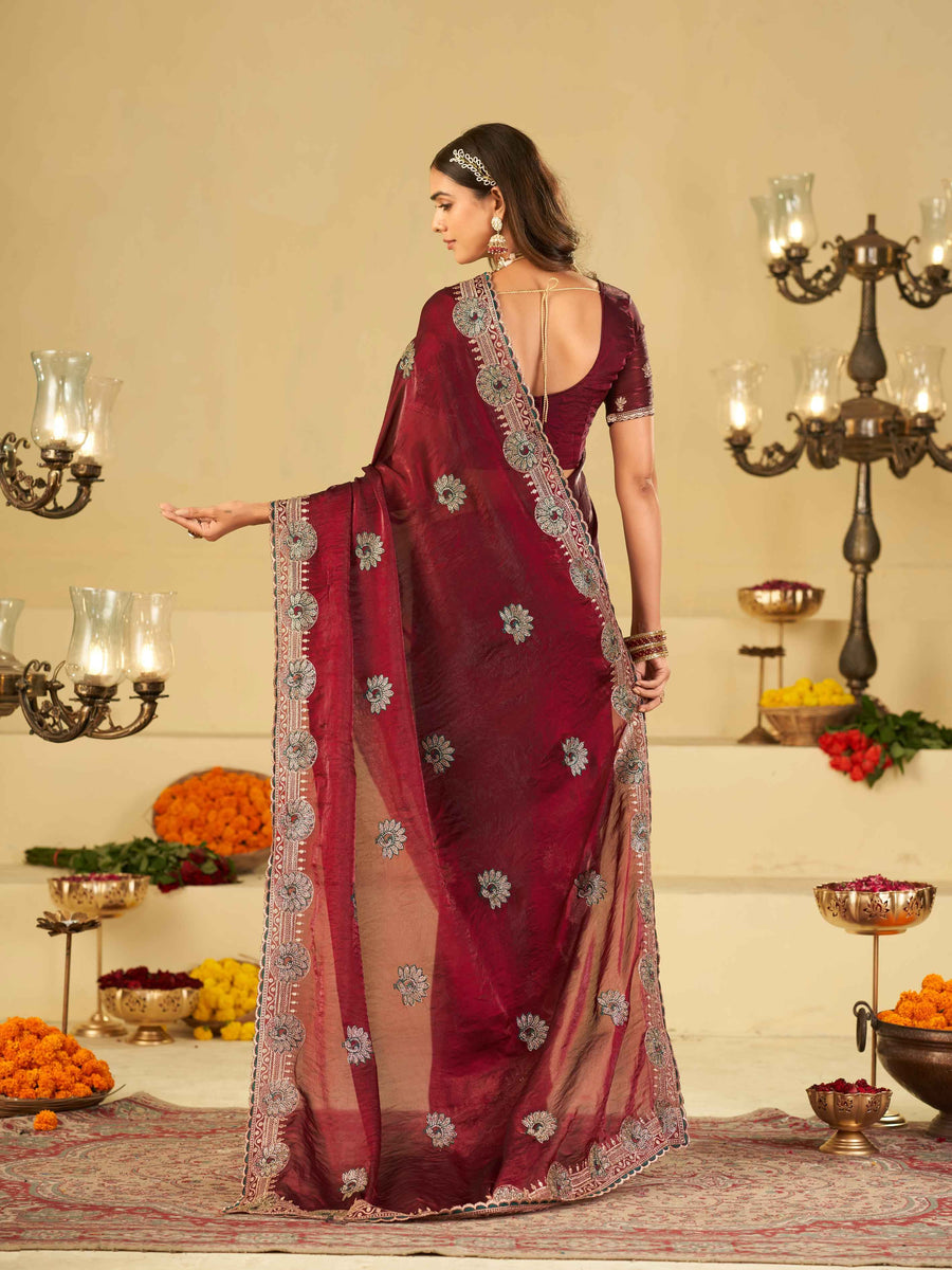 Wine Maroon Designer Fendy Satin Saree with Heavy Embroidered Border | Party Wear Festive Saree with Floral Embroidery & Matching Blouse