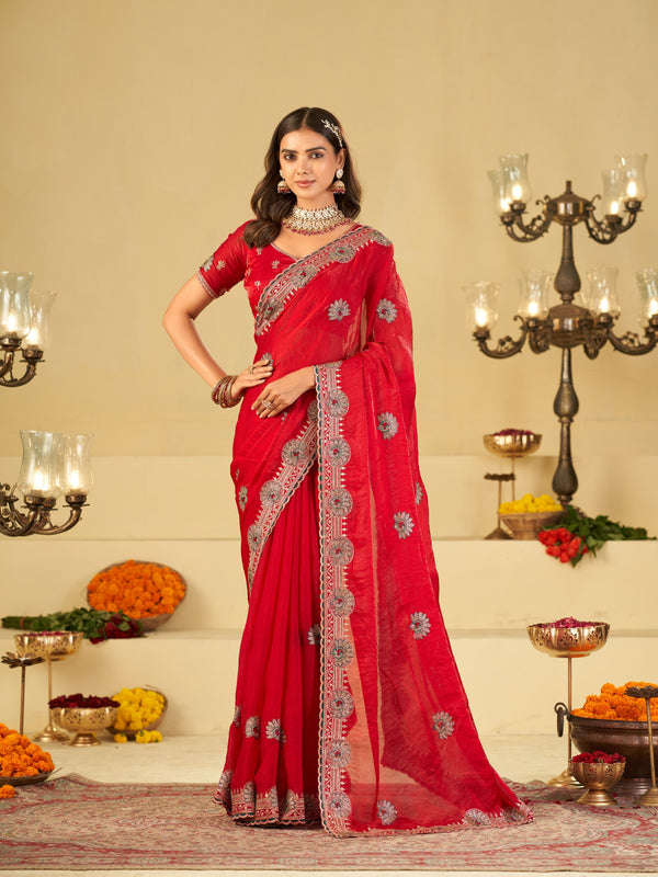 Rani Pink Designer Fendy Satin Saree with Heavy Embroidered Border | Festive Party Wear Saree with Floral Embroidery & Matching Blouse