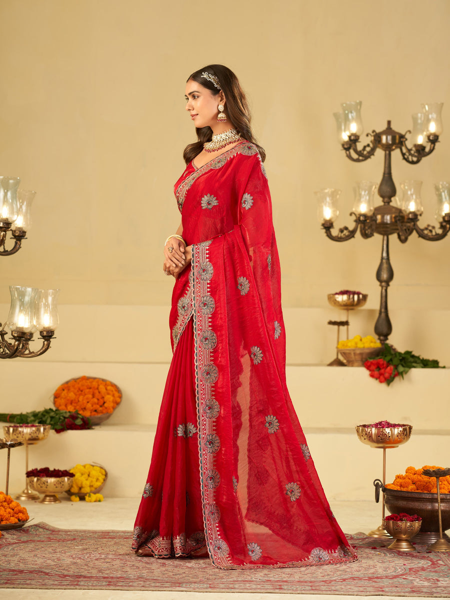 Rani Pink Designer Fendy Satin Saree with Heavy Embroidered Border | Festive Party Wear Saree with Floral Embroidery & Matching Blouse