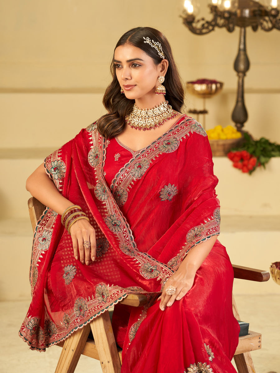 Rani Pink Designer Fendy Satin Saree with Heavy Embroidered Border | Festive Party Wear Saree with Floral Embroidery & Matching Blouse