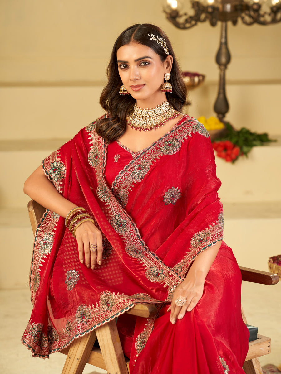 Rani Pink Designer Fendy Satin Saree with Heavy Embroidered Border | Festive Party Wear Saree with Floral Embroidery & Matching Blouse
