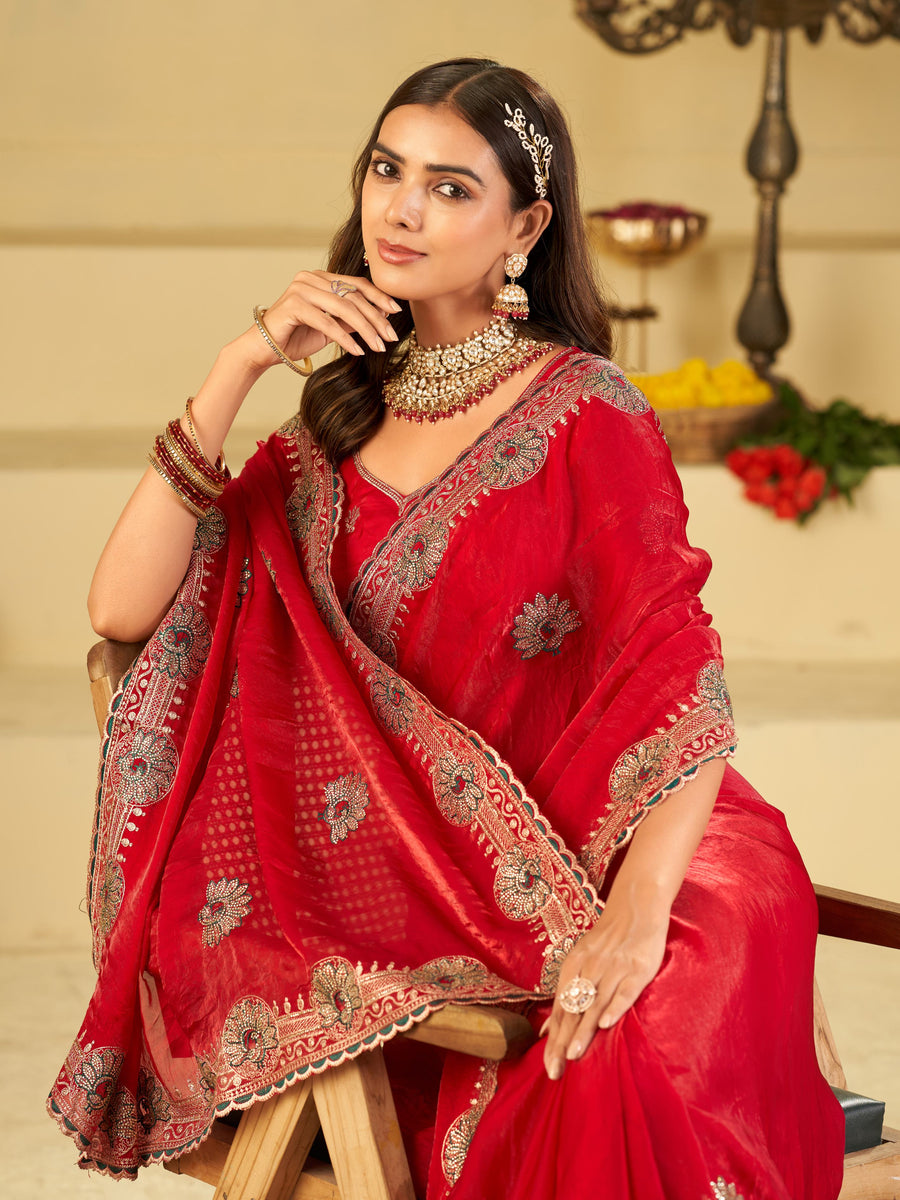 Rani Pink Designer Fendy Satin Saree with Heavy Embroidered Border | Festive Party Wear Saree with Floral Embroidery & Matching Blouse