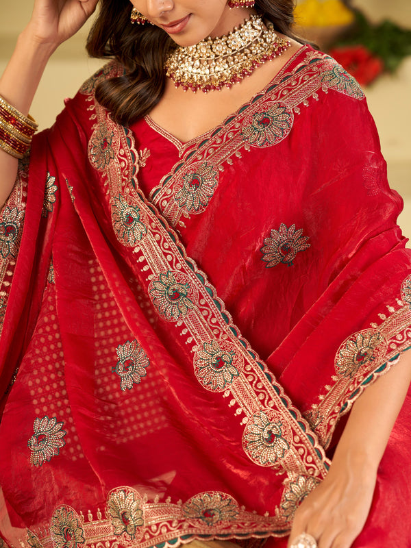 Rani Pink Designer Fendy Satin Saree with Heavy Embroidered Border | Festive Party Wear Saree with Floral Embroidery & Matching Blouse