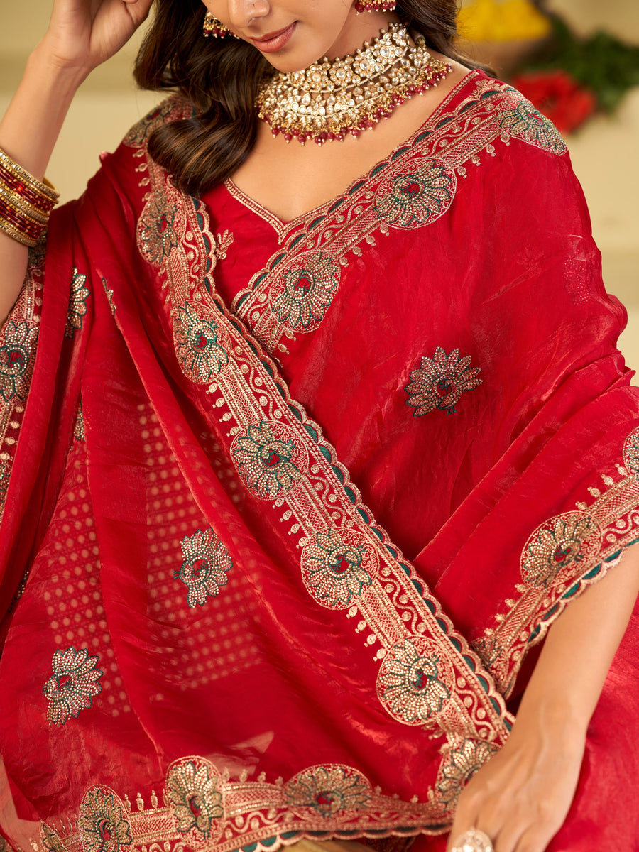 Rani Pink Designer Fendy Satin Saree with Heavy Embroidered Border | Festive Party Wear Saree with Floral Embroidery & Matching Blouse