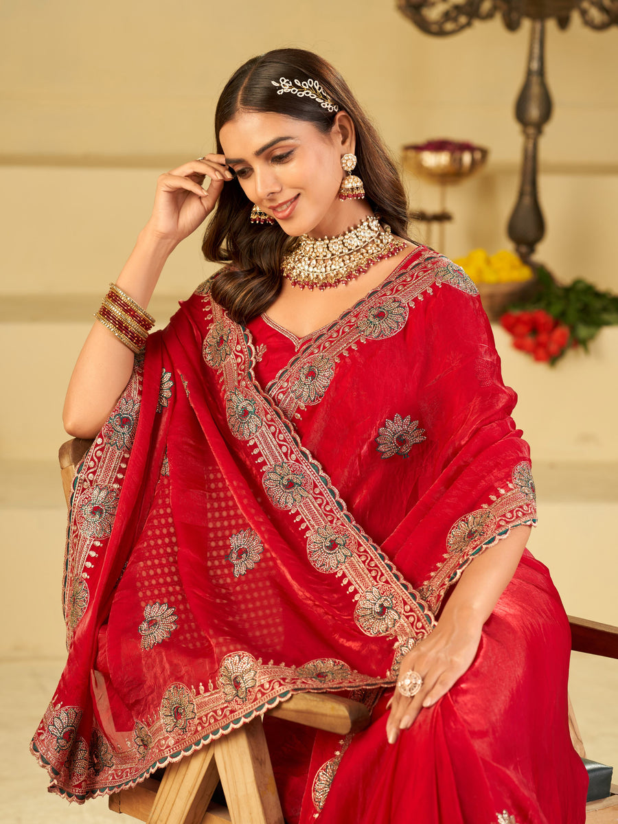 Rani Pink Designer Fendy Satin Saree with Heavy Embroidered Border | Festive Party Wear Saree with Floral Embroidery & Matching Blouse