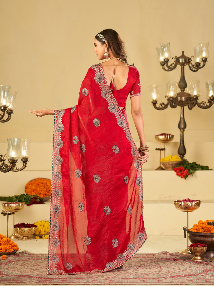 Rani Pink Designer Fendy Satin Saree with Heavy Embroidered Border | Festive Party Wear Saree with Floral Embroidery & Matching Blouse