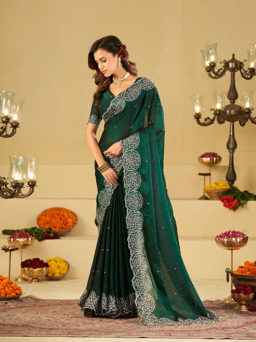 Bottle Green Fendy Satin Saree with White Floral Embroidery Border | Designer Party Wear Saree with Blouse