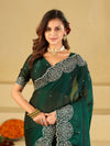 Bottle Green Fendy Satin Saree with White Floral Embroidery Border | Designer Party Wear Saree with Blouse