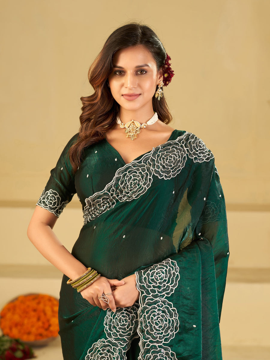 Bottle Green Fendy Satin Saree with White Floral Embroidery Border | Designer Party Wear Saree with Blouse