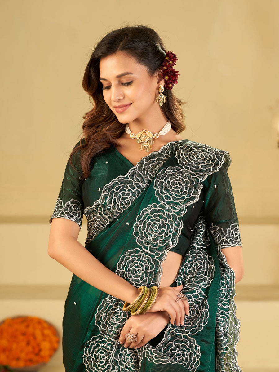 Bottle Green Fendy Satin Saree with White Floral Embroidery Border | Designer Party Wear Saree with Blouse