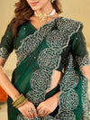 Bottle Green Fendy Satin Saree with White Floral Embroidery Border | Designer Party Wear Saree with Blouse