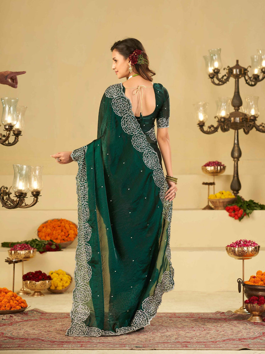 Bottle Green Fendy Satin Saree with White Floral Embroidery Border | Designer Party Wear Saree with Blouse