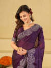 Royal Purple Fendy Satin Saree with White Floral Embroidery Border | Designer Party Wear Saree with Blouse