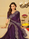 Royal Purple Fendy Satin Saree with White Floral Embroidery Border | Designer Party Wear Saree with Blouse