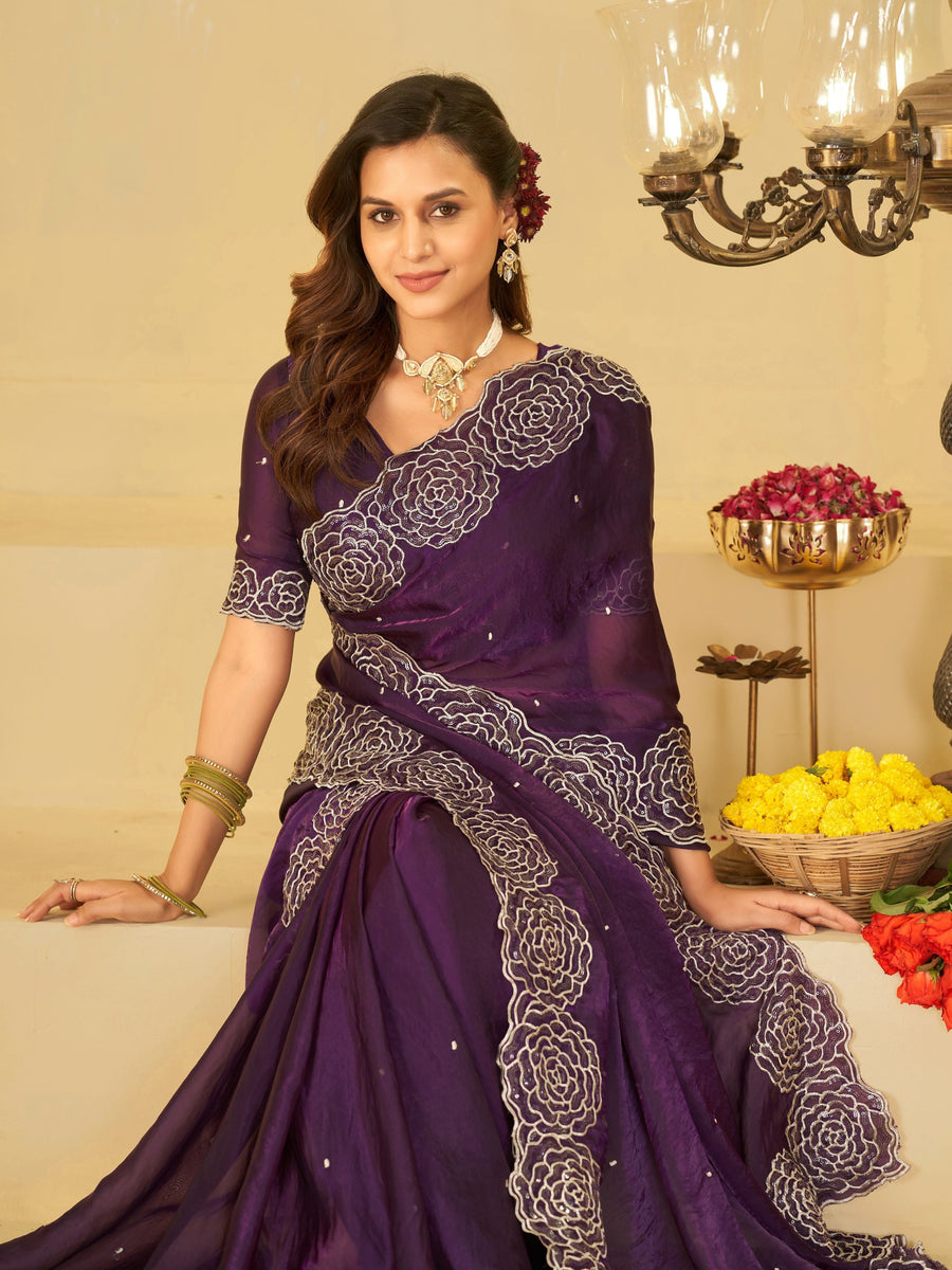 Royal Purple Fendy Satin Saree with White Floral Embroidery Border | Designer Party Wear Saree with Blouse