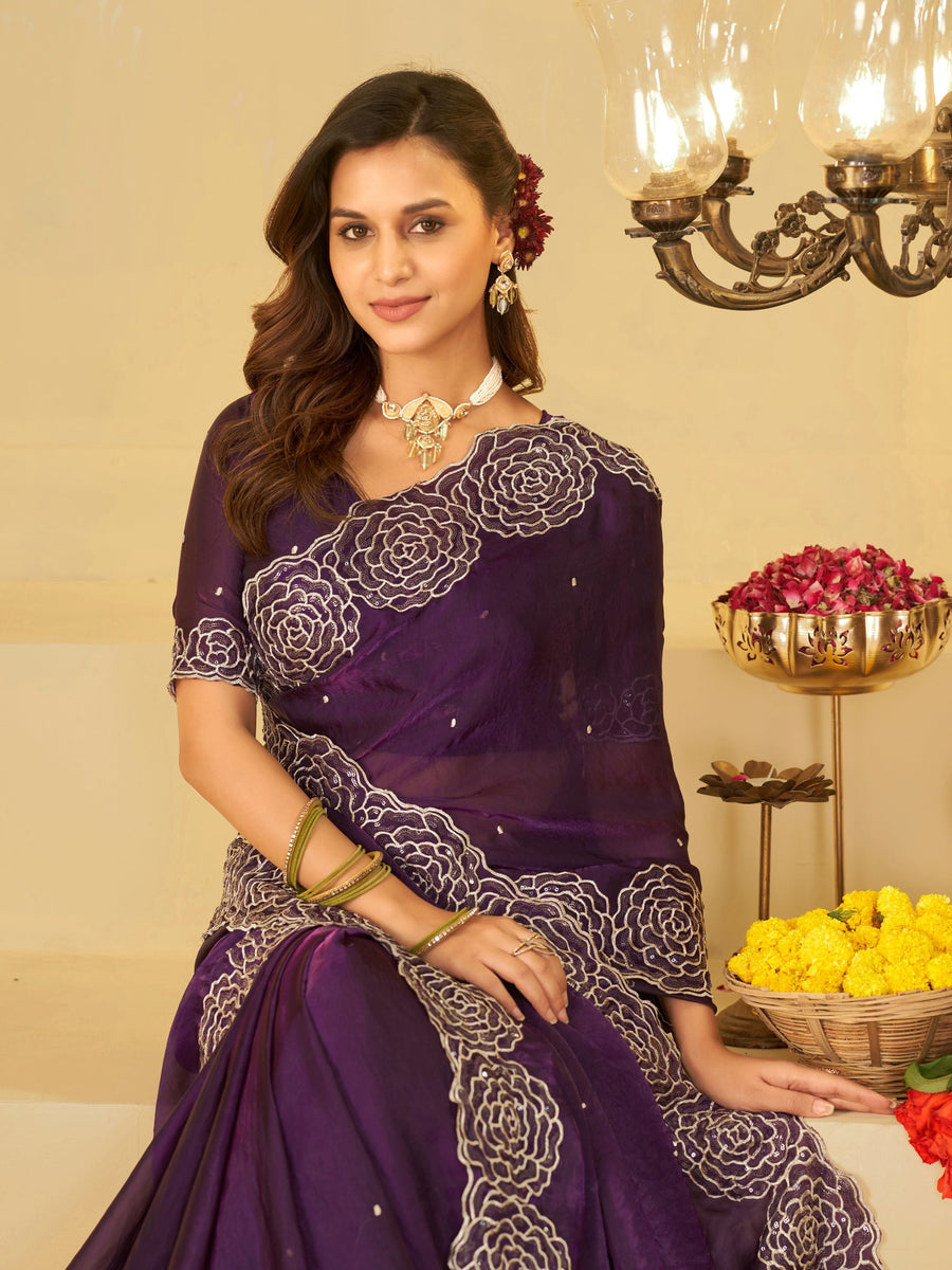 Royal Purple Fendy Satin Saree with White Floral Embroidery Border | Designer Party Wear Saree with Blouse