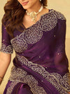 Royal Purple Fendy Satin Saree with White Floral Embroidery Border | Designer Party Wear Saree with Blouse