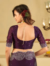 Royal Purple Fendy Satin Saree with White Floral Embroidery Border | Designer Party Wear Saree with Blouse