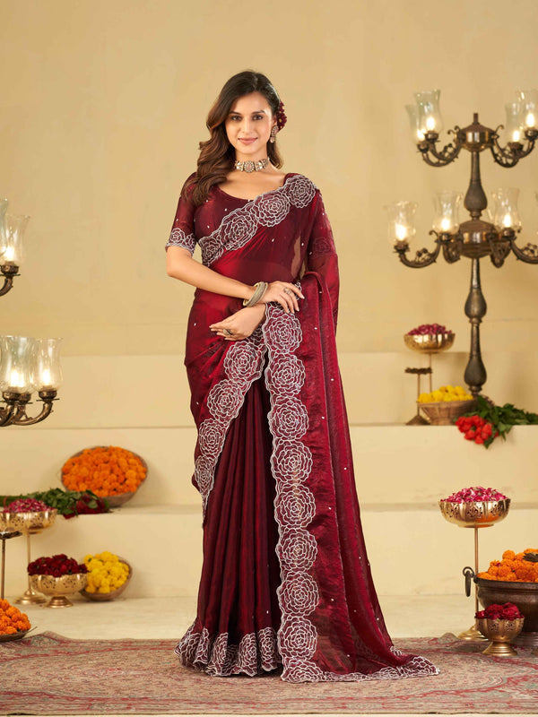 Wine Fendy Satin Saree with White Floral Embroidery Border | Designer Party Wear Saree with Blouse