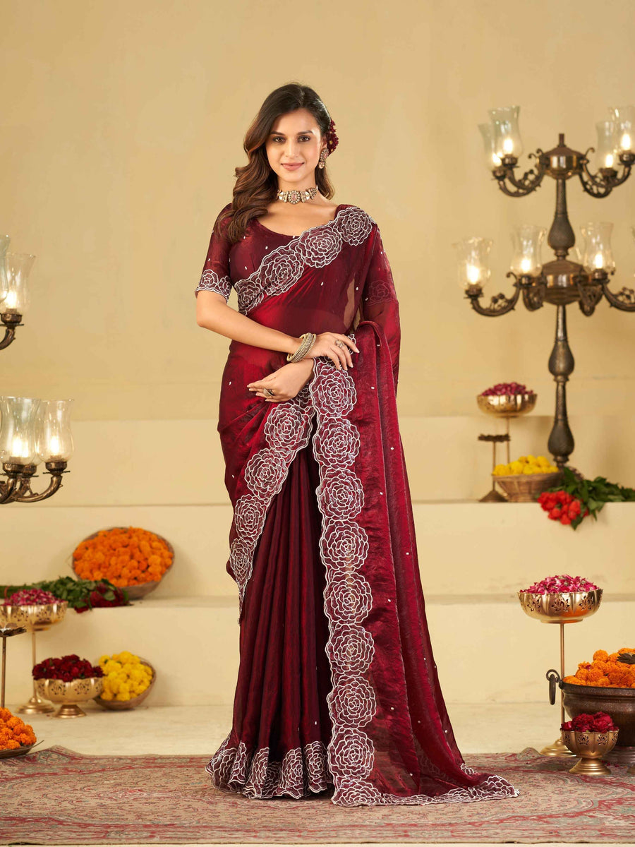 Wine Fendy Satin Saree with White Floral Embroidery Border | Designer Party Wear Saree with Blouse