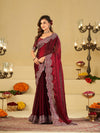 Wine Fendy Satin Saree with White Floral Embroidery Border | Designer Party Wear Saree with Blouse