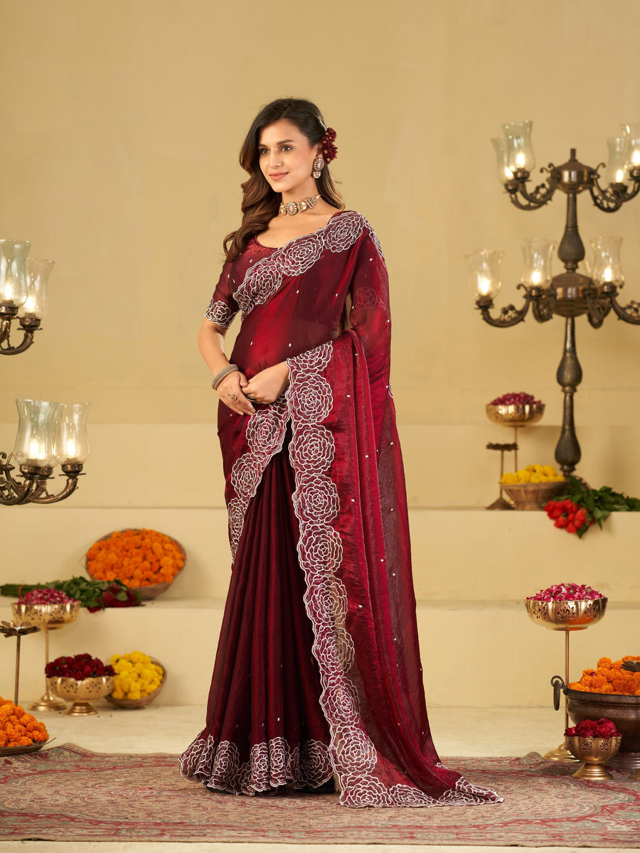 Wine Fendy Satin Saree with White Floral Embroidery Border | Designer Party Wear Saree with Blouse