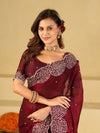 Wine Fendy Satin Saree with White Floral Embroidery Border | Designer Party Wear Saree with Blouse