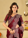 Wine Fendy Satin Saree with White Floral Embroidery Border | Designer Party Wear Saree with Blouse